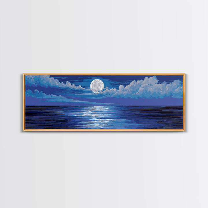 Bright Full Moon Over Blue Ocean Clouds Wall Art, Modern Coastal Decor, Serene Seascape, Bedroom Living Room Large Canvas Print