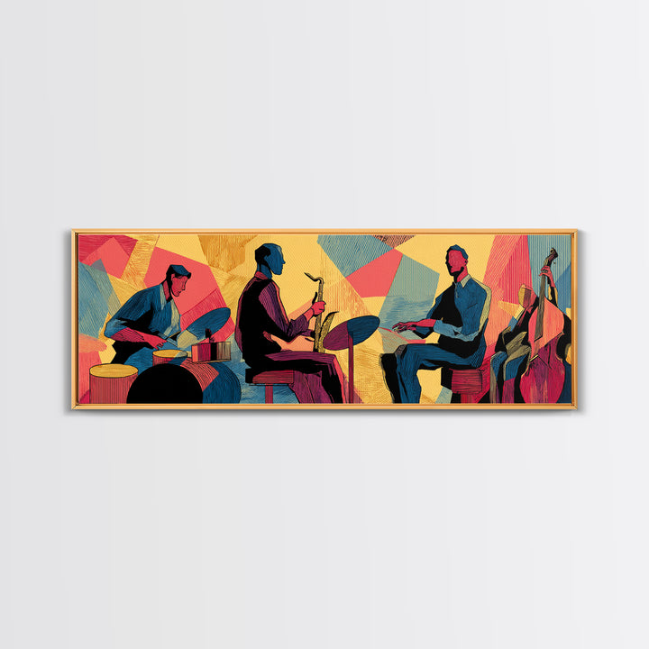 Vibrant Jazz Trio And Bass Canvas Print, Midcentury Modern Wall Art, Colorful Music Poster, Bold Retro Living Room Decor