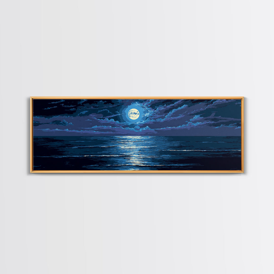 Dramatic Moonlit Ocean With Storm Clouds Wall Art, Modern Coastal Decor, Blue Seascape, Moody Bedroom Large Canvas Print