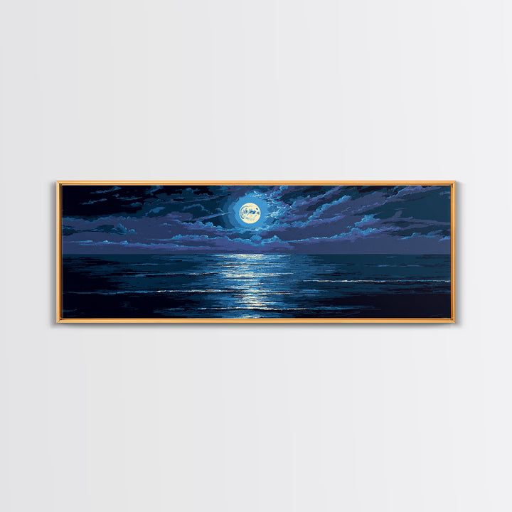 Dramatic Moonlit Ocean With Storm Clouds Wall Art, Modern Coastal Decor, Blue Seascape, Moody Bedroom Large Canvas Print