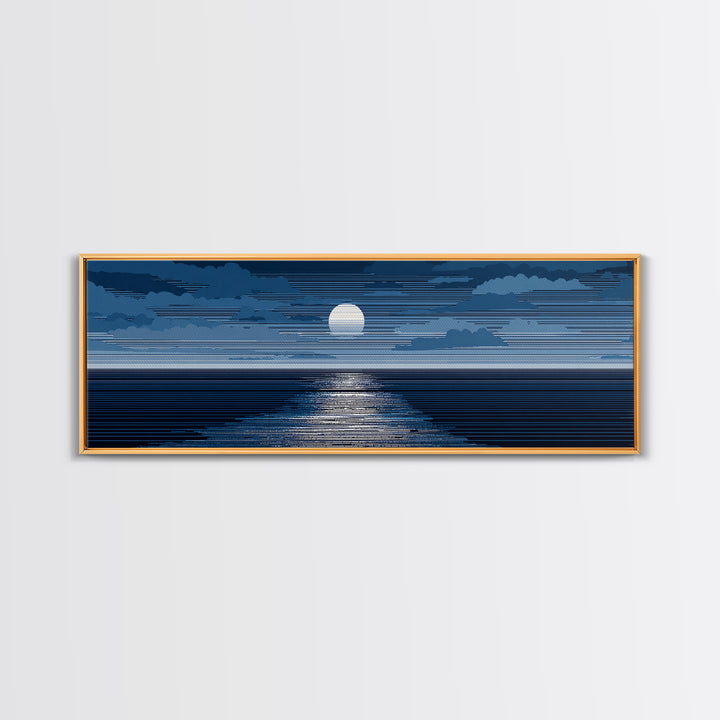 Blue Moonlit Ocean Horizon Wall Art, Mid Century Modern Seascape Print, Navy Coastal Decor, Serene Bedroom Artwork, Living Room Art