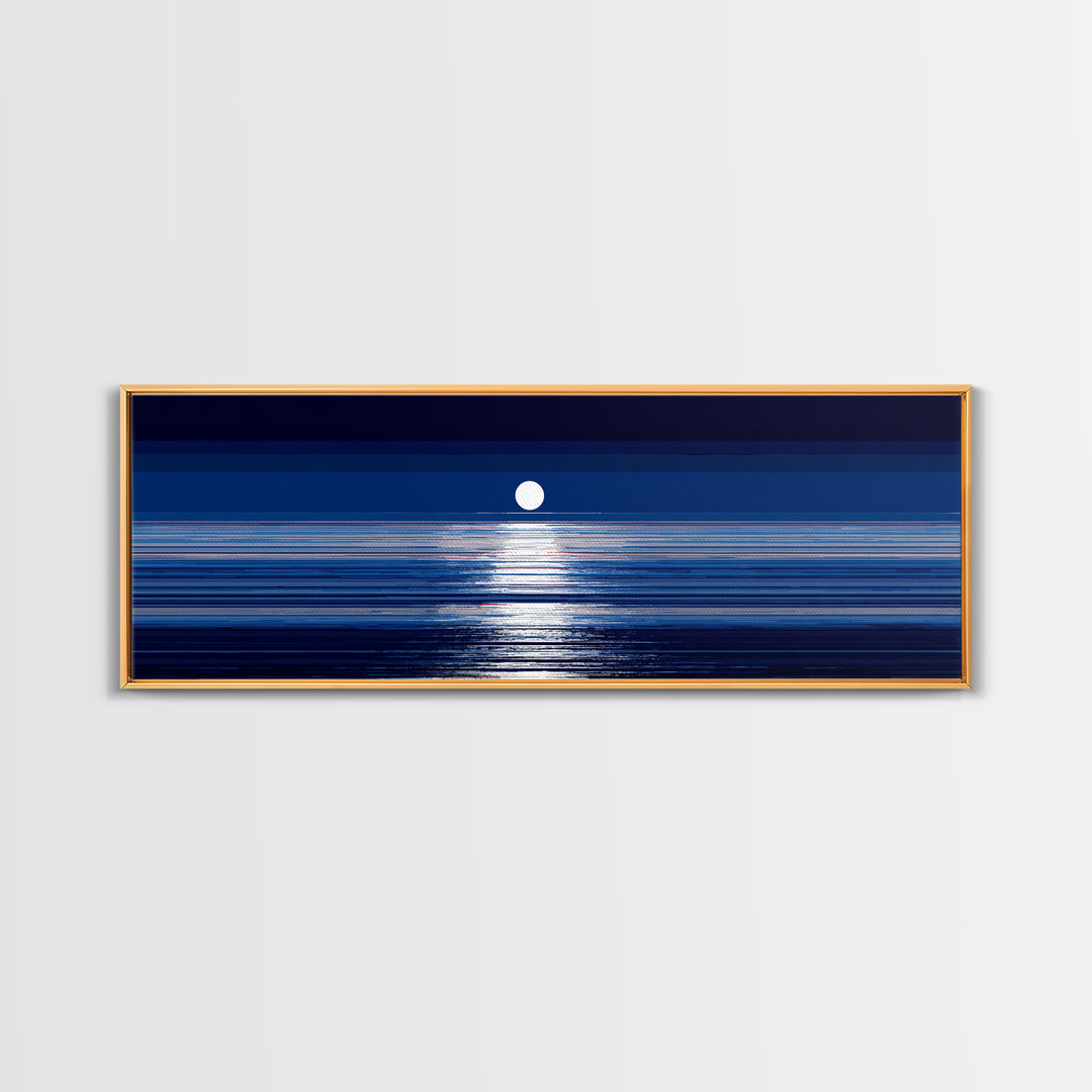 Full Moon Ocean Reflection Canvas Print, Modern Blue Seascape Wall Decor, Coastal Bedroom Art, Serene Living Room Artwork