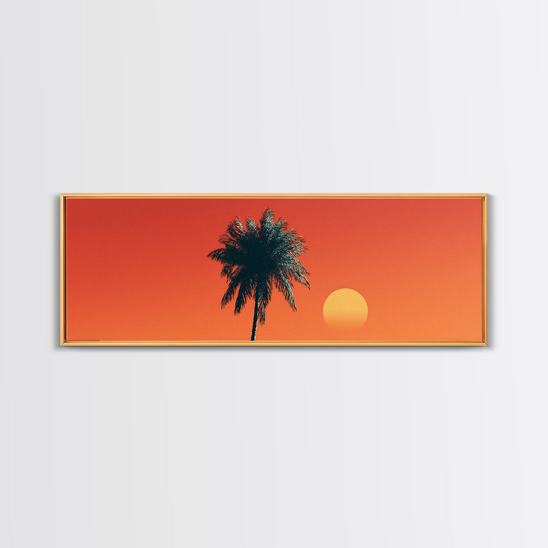 Orange Palm Silhouette Sunset Canvas Print, Mid Century Modern Tropical Wall Decor, Warm Coastal Art, Palm Springs Home Decor