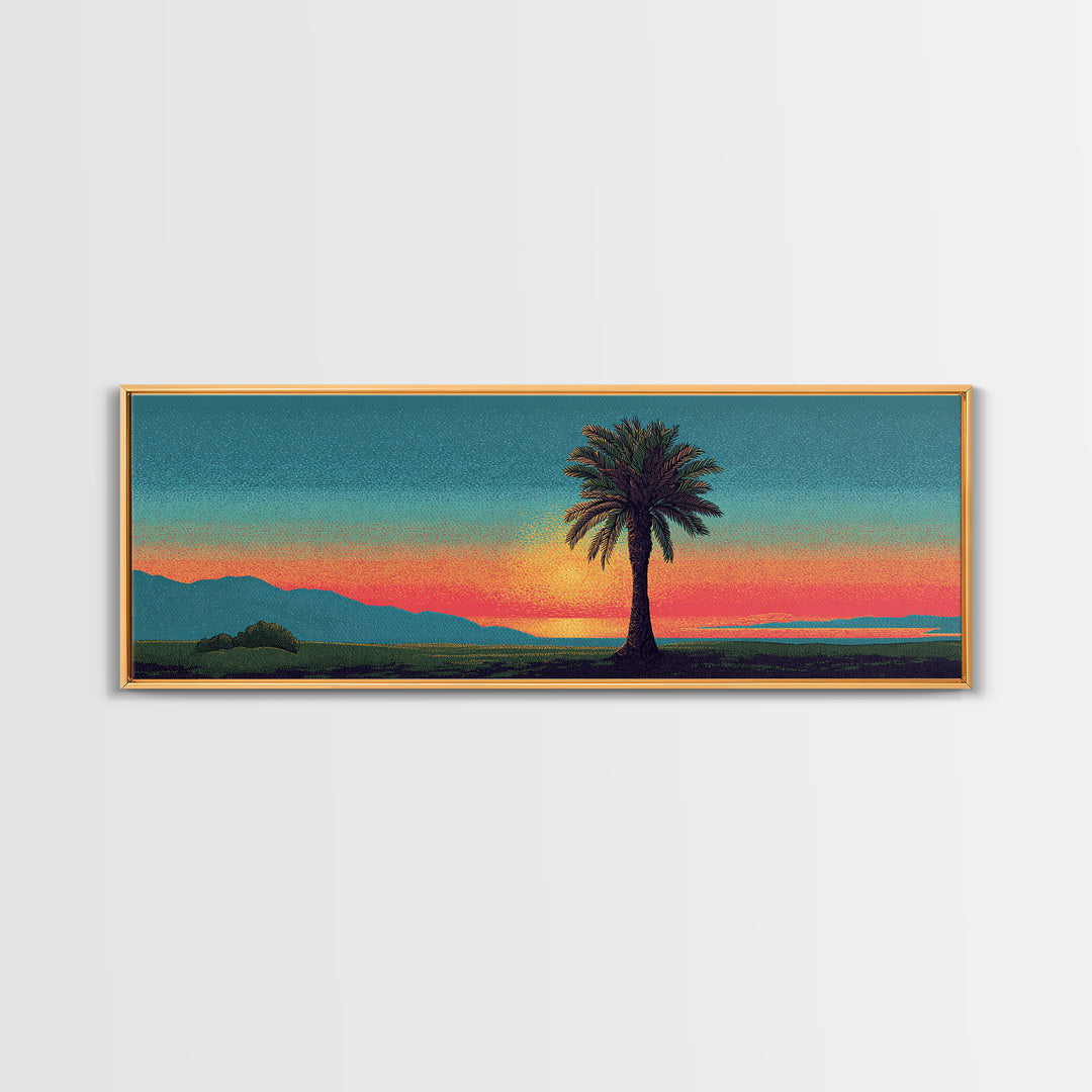 Grainy Palm Mountain Sunset Wall Art, Retro California Landscape Print, Teal Orange Mid Century Decor, Tropical Living Room Art