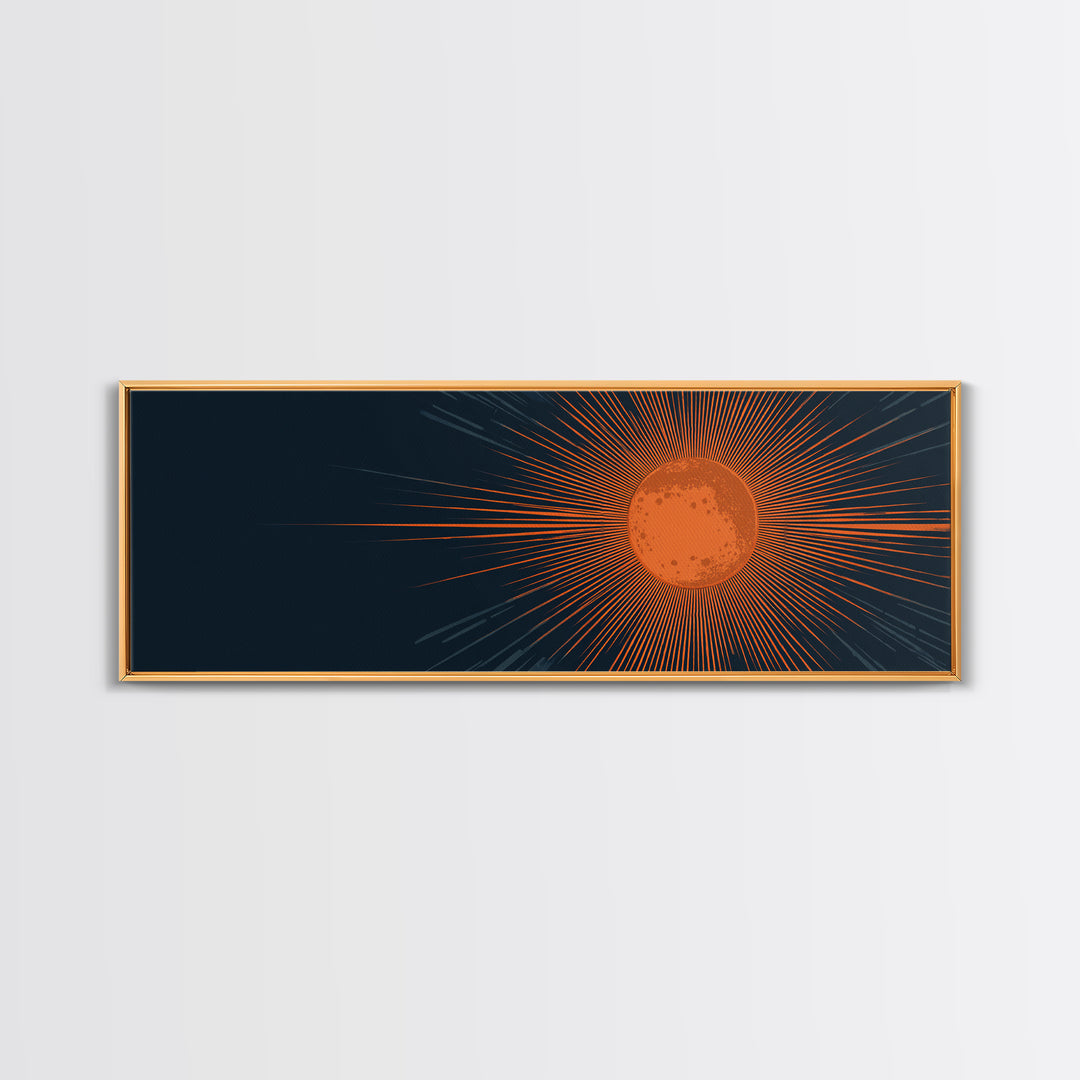 Orange Radiant Sunburst Wall Art, Atomic Mid Century Modern Print, Dark Navy Geometric Decor, Bold Solar Living Room Poster