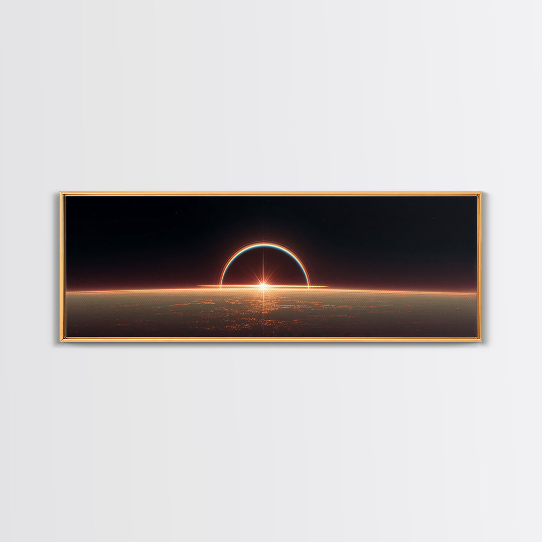 Futuristic Eclipse Horizon Framed Canvas Print, Sci Fi Planet Sunrise Wall Decor, Modern Space Art, Cinematic Living Room Poster