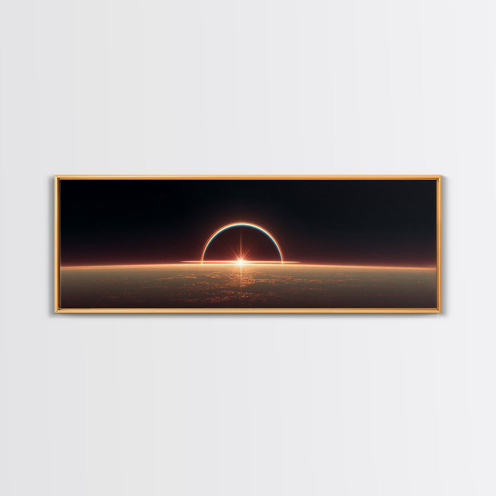 Futuristic Eclipse Horizon Framed Canvas Print, Sci Fi Planet Sunrise Wall Decor, Modern Space Art, Cinematic Living Room Poster