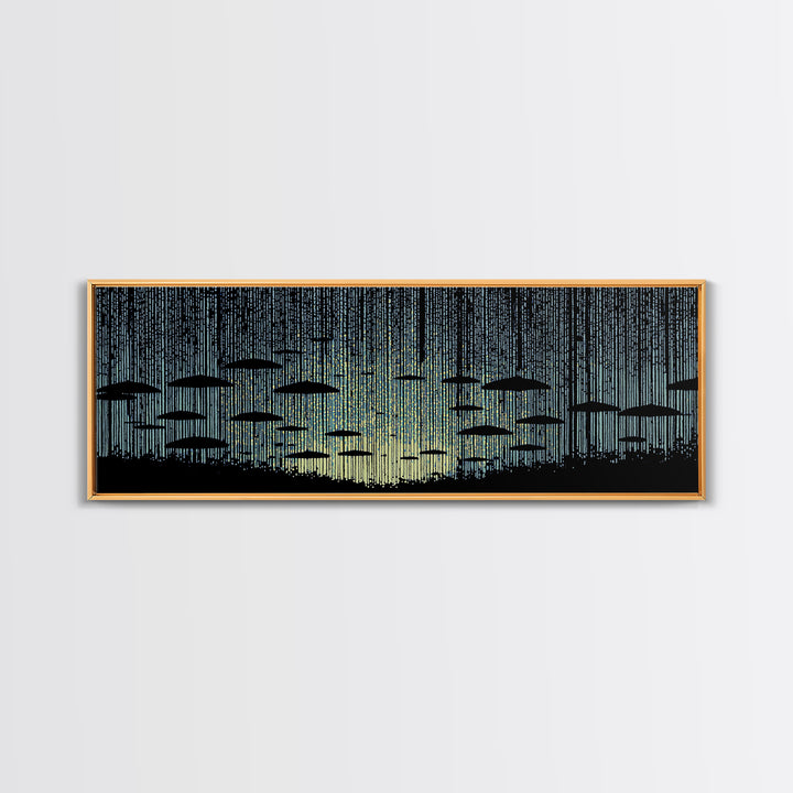 Blue Rain Umbrella Wall Art, Retro Illustration, Atmospheric Modern Art Print, Moody Bedroom Decor And Office Wall Decor