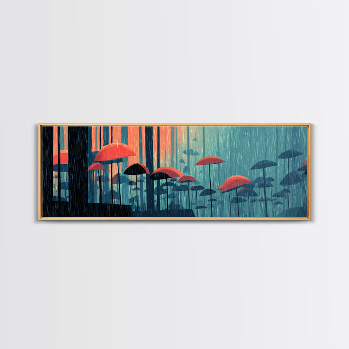 Teal Forest Umbrella Wall Art, Rainy Modern Art Print, Coral Blue Retro Decor, Atmospheric Living Room Canvas Print Gift