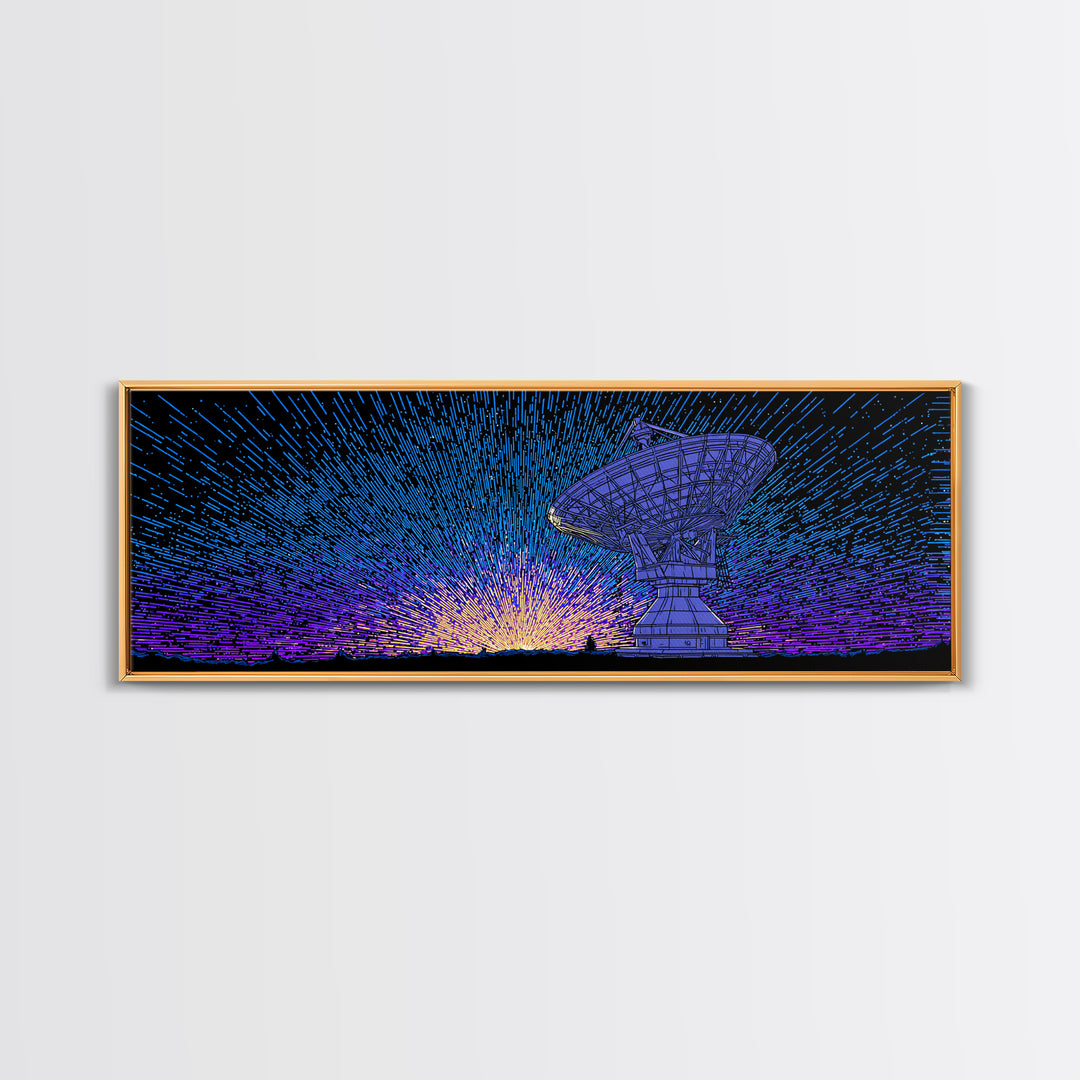 Blue Radio Telescope Starburst Wall Art, Retro Sci Fi Observatory Poster, Mid Century Modern Space Decor, Panoramic Canvas Print