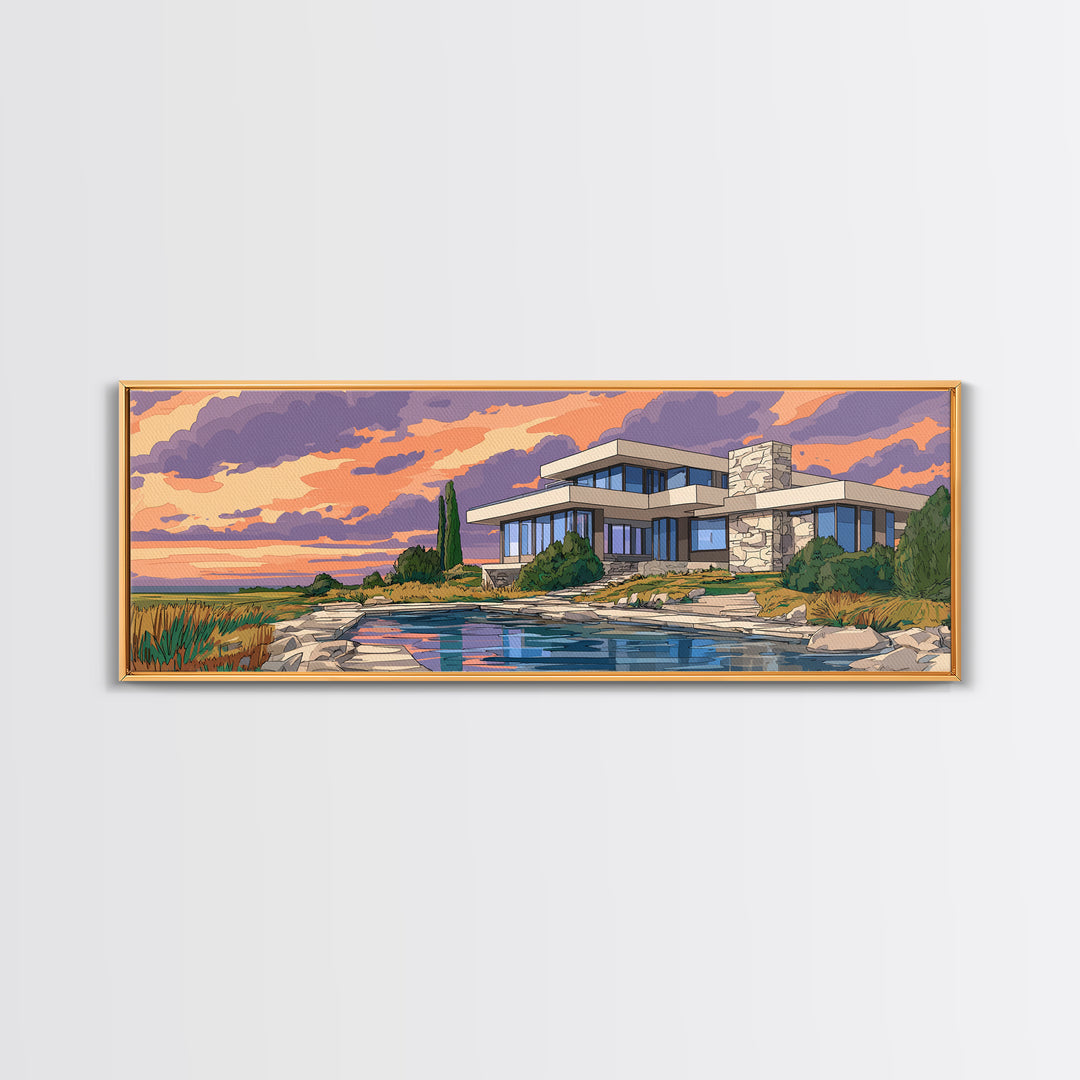Lakeside Modernist Villa Wall Art, Sunset Mid Century Modern Architecture Poster, MCM Home Decor Scenic Framed Canvas Print
