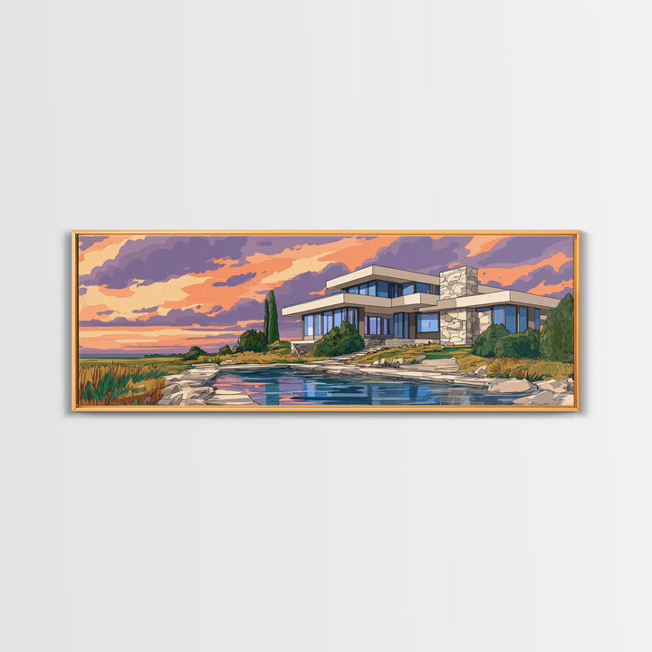 Lakeside Modernist Villa Wall Art, Sunset Mid Century Modern Architecture Poster, MCM Home Decor Scenic Framed Canvas Print