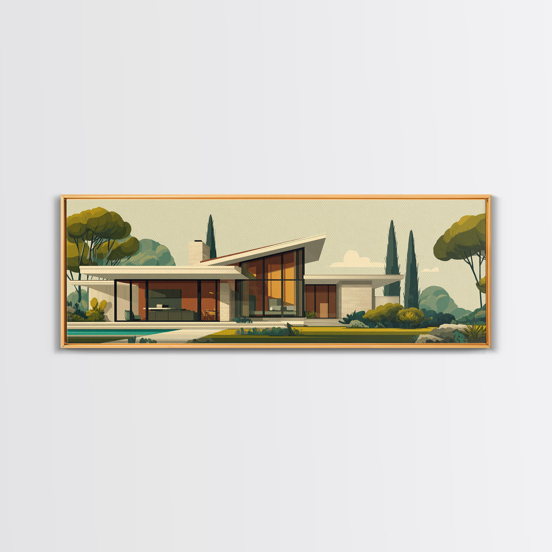 Angular Mid Century Modern House Wall Art, Retro Architecture Poster, Scandinavian Modern Home Decor Framed Canvas Print