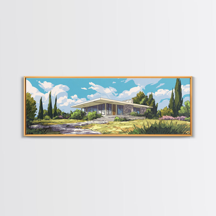 Modernist Garden Ranch House Wall Art, Mid Century Modern Architecture Poster, MCM Home Decor Landscape Framed Canvas Print