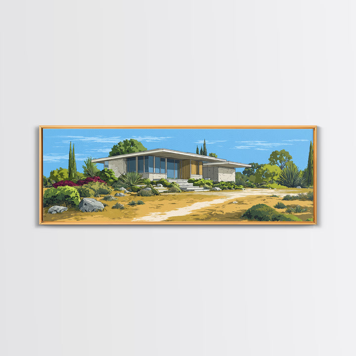 Desert Modern House With Garden Path Canvas Print, Midcentury Architecture Wall Decor, California Poster, MCM Home Art Print