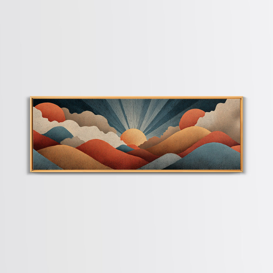 Textured Sun And Twin Clouds Over Rolling Hills Wall Art, Midcentury Modern Print, Retro Earth Tone Decor, Abstract Canvas