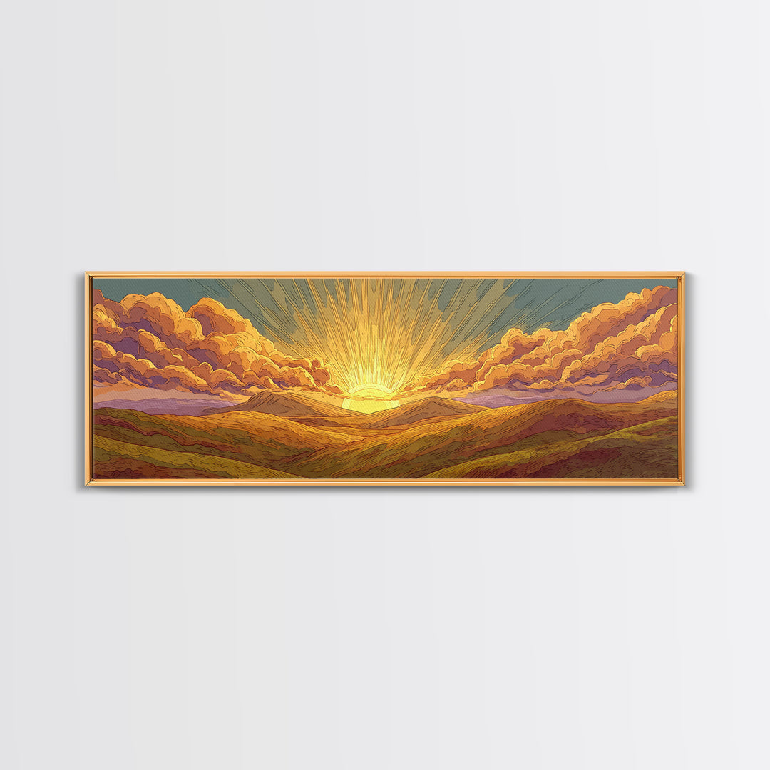 Golden Sunrise Over Desert Valley Framed Canvas Print, Retro Landscape Wall Art, Midcentury Modern Decor, Warm Boho Poster