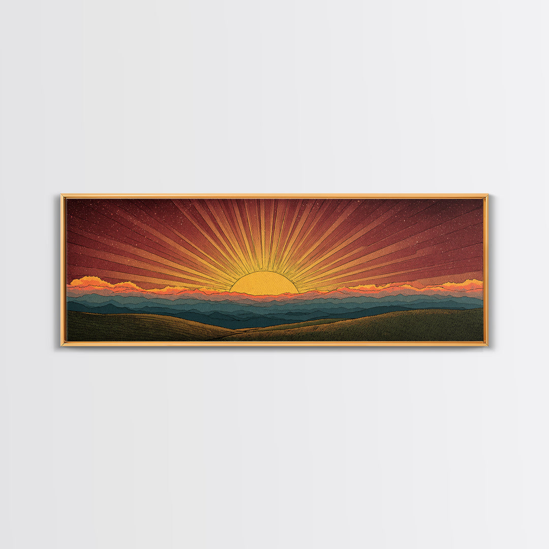 Radiant Orange Sunset Behind Blue Mountains Canvas Print, Midcentury Sun Wall Art, Retro Landscape Decor, MCM Home Poster