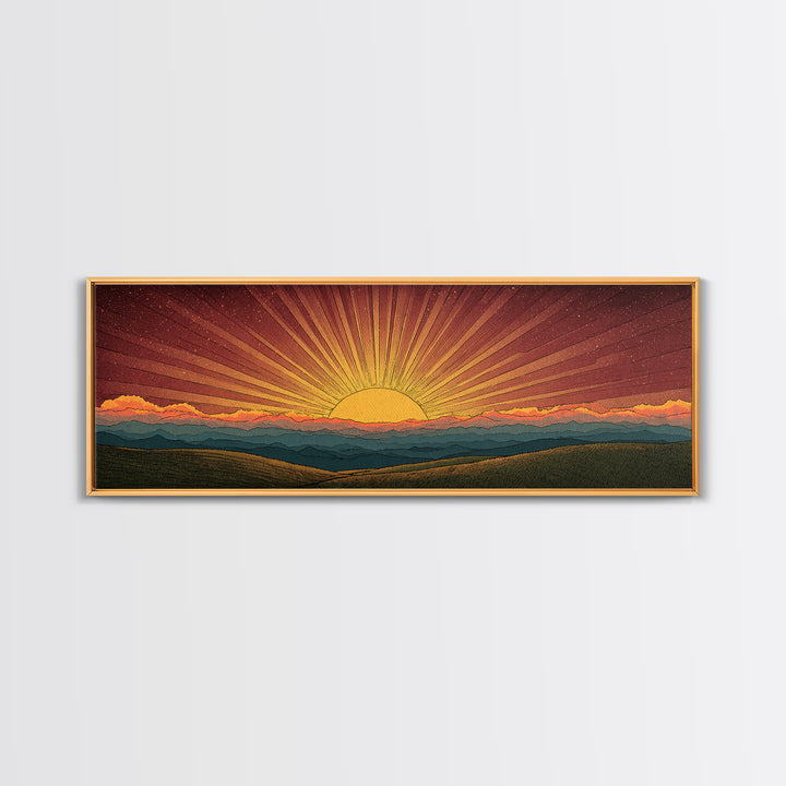 Radiant Orange Sunset Behind Blue Mountains Canvas Print, Midcentury Sun Wall Art, Retro Landscape Decor, MCM Home Poster