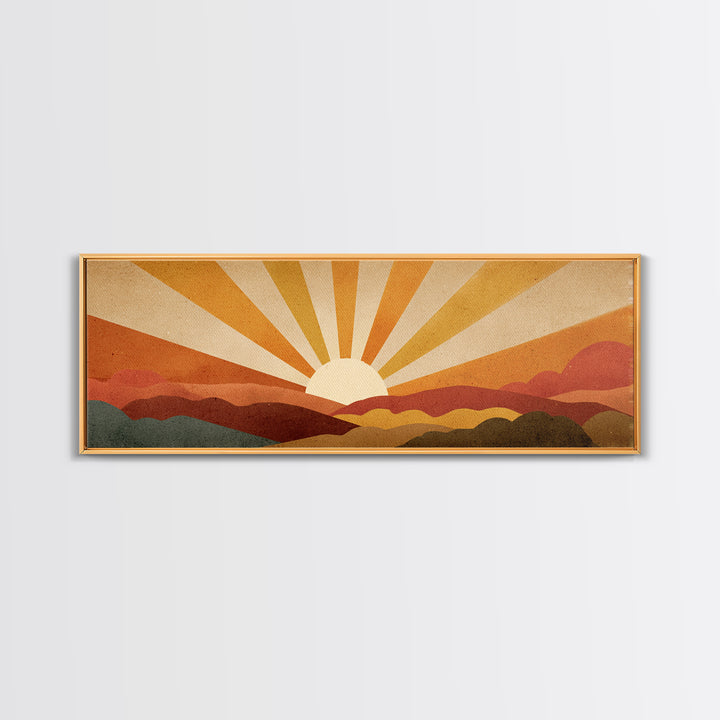 Warm Orange Sun Rays Over Abstract Hills Wall Art, Midcentury Modern Print, Retro Desert Decor, Minimalist Canvas Poster