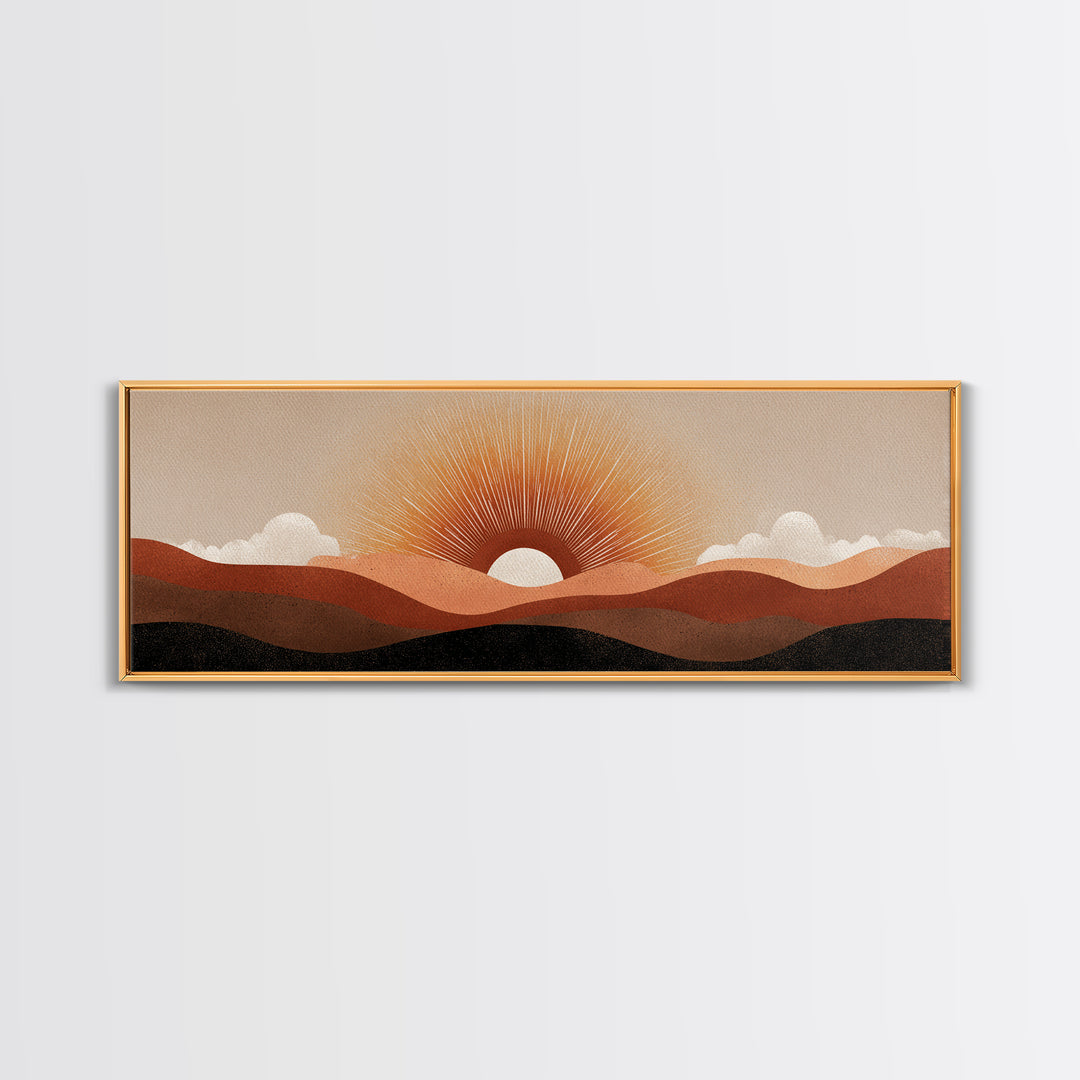 Minimalist Half Sun Over Layered Desert Hills Canvas Print, Midcentury Wall Art, Neutral Retro Decor, Boho Abstract Poster