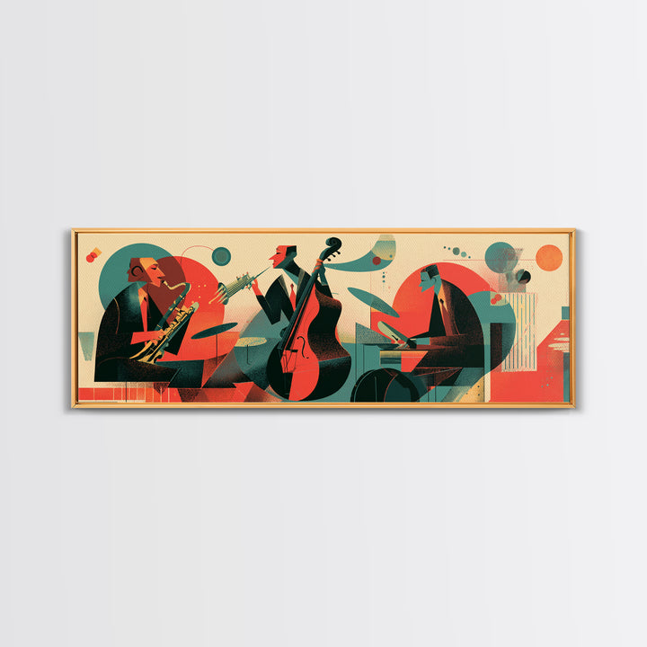 Retro Jazz Club Trio Canvas Print, Midcentury Modern Wall Art, Atomic Music Poster, Bold Abstract Colorful Living Room Decor