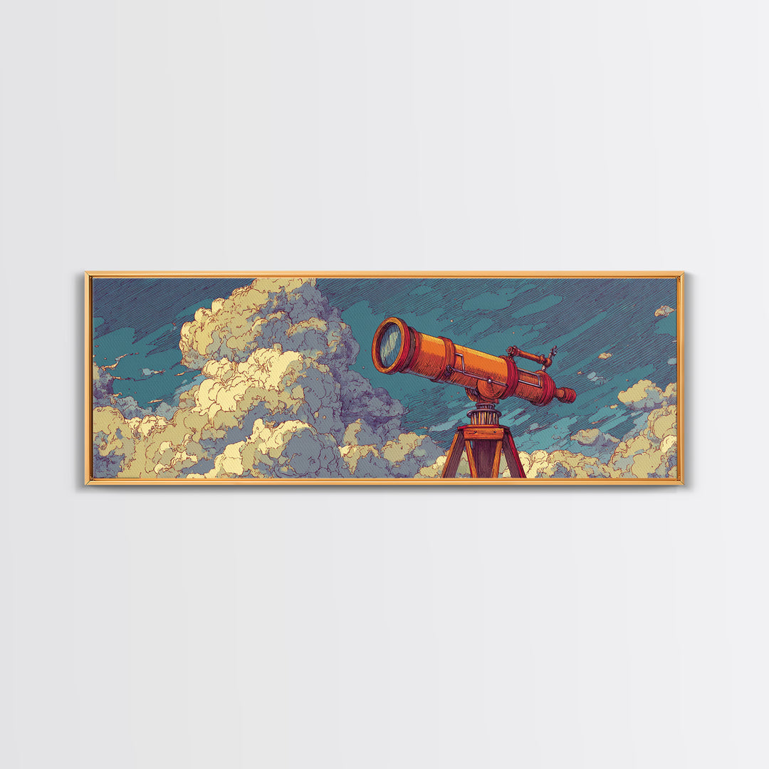 Orange Telescope In Clouds Wall Art, Retro Astronomy Poster, Midcentury Modern Art, Space Abstract Art, Office Decor, MCM Print