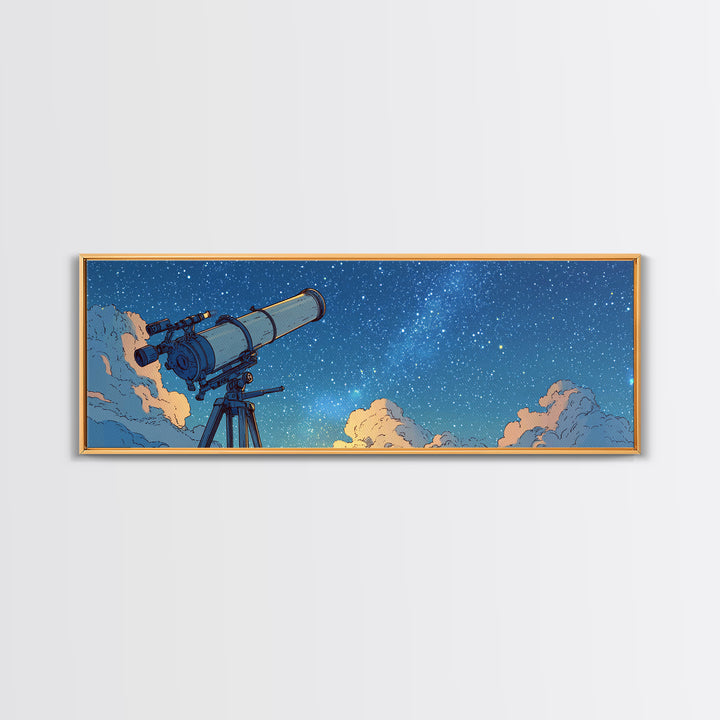 Blue Night Telescope And Stars Canvas Print, Retro Space Poster, Midcentury Wall Art, Astronomy Decor, Modern Art Print, MCM