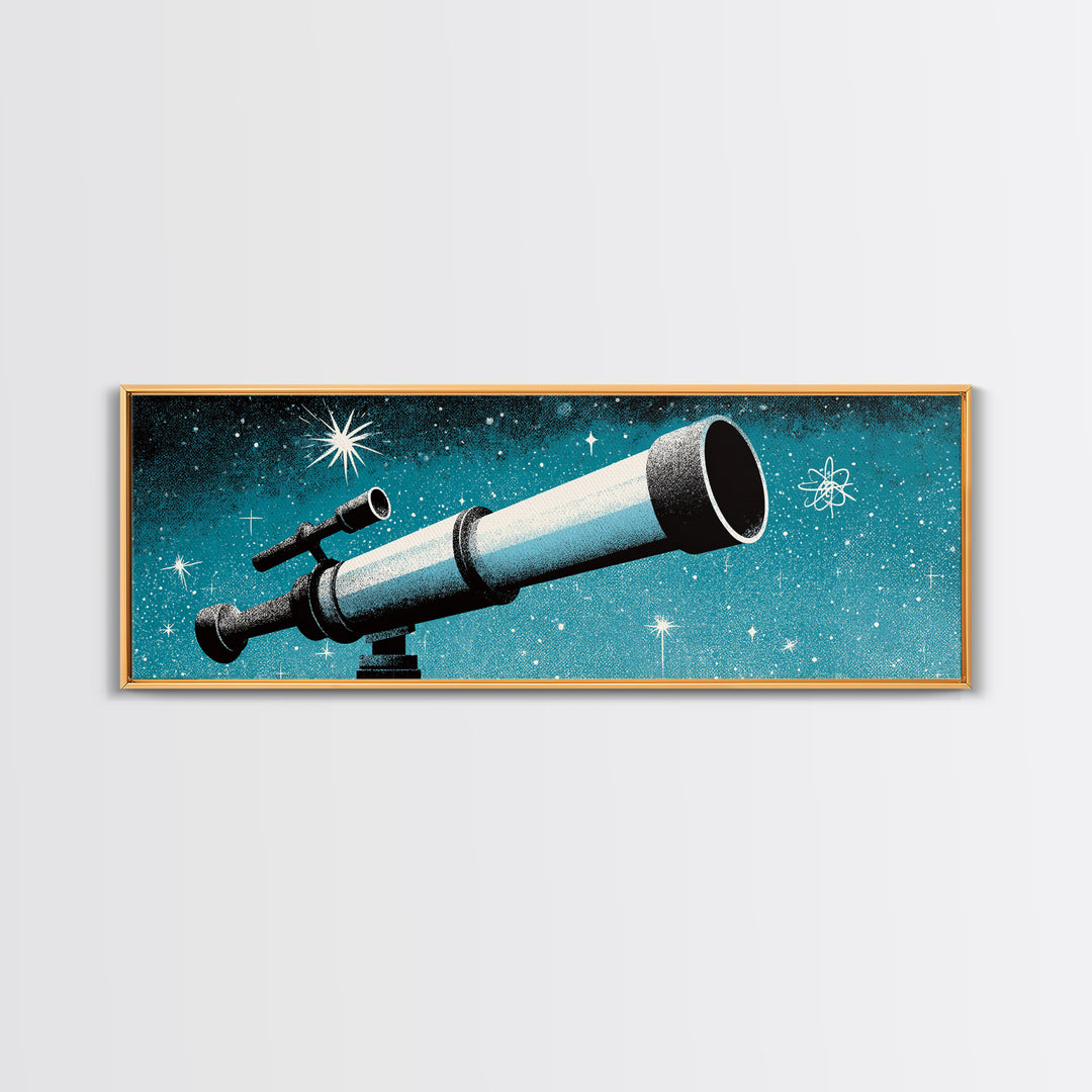 Close Up Blue Telescope Framed Canvas Print, Retro Astronomy Wall Art, Midcentury Modern Decor, Starry Space Poster, Office Art