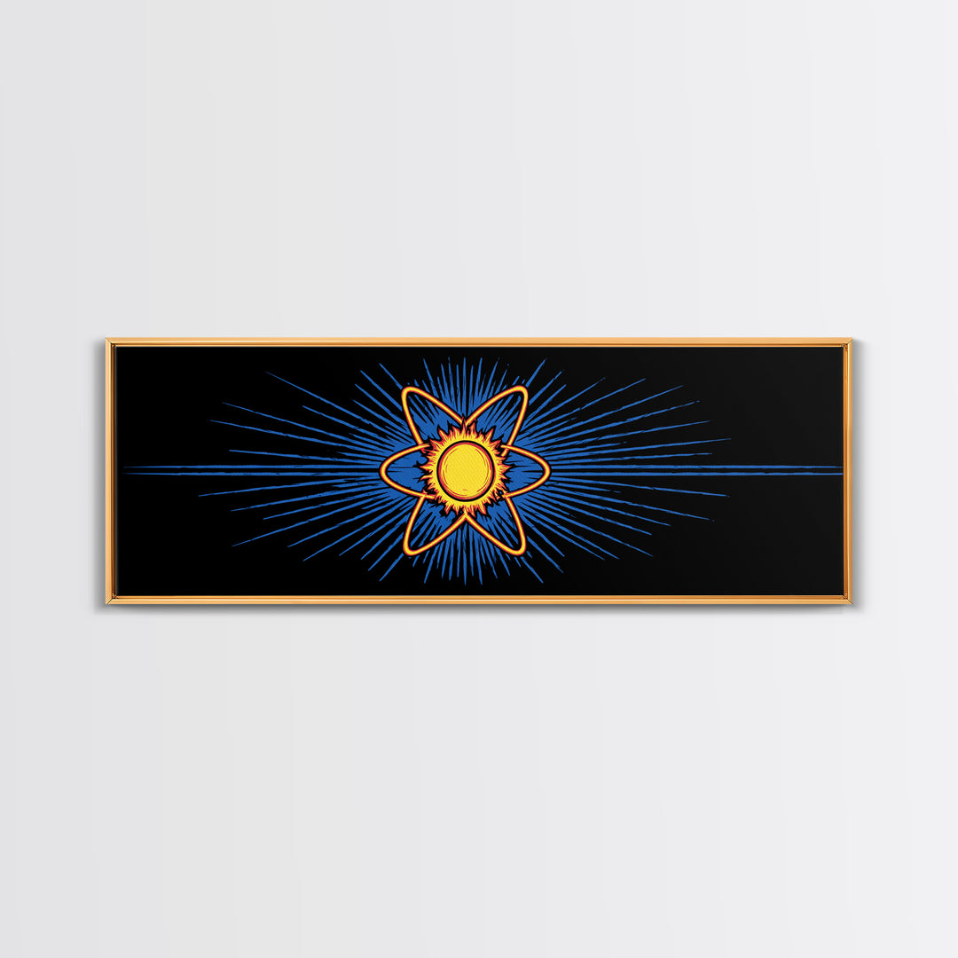 Glowing Atom With Blue Rays Wall Art, Atomic Retro Poster, Midcentury Modern Decor, Space Abstract Art, Geometric MCM Print