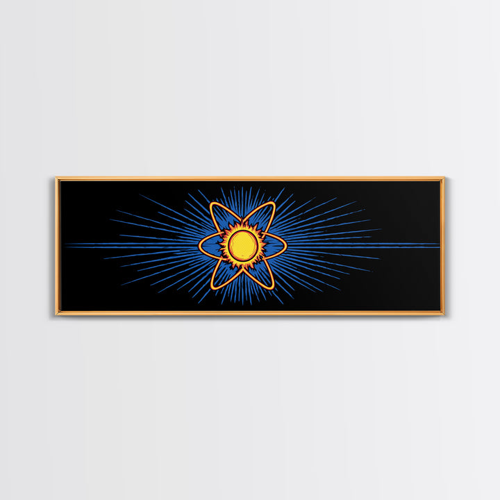 Glowing Atom With Blue Rays Wall Art, Atomic Retro Poster, Midcentury Modern Decor, Space Abstract Art, Geometric MCM Print
