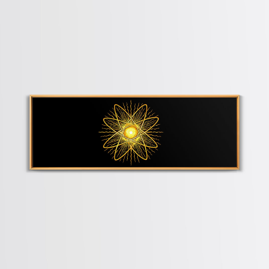 Golden Atomic Star On Black Canvas Print, Midcentury Modern Art, Retro Space Poster, Geometric Wall Decor, MCM Abstract Art