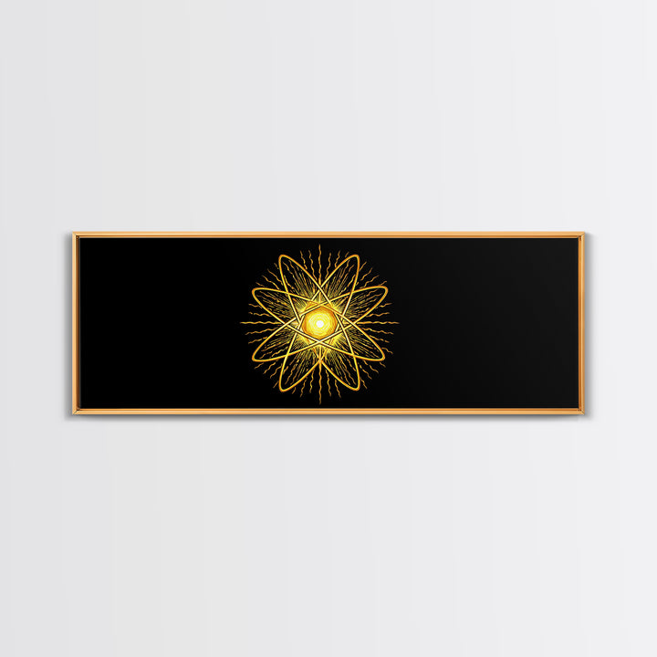 Golden Atomic Star On Black Canvas Print, Midcentury Modern Art, Retro Space Poster, Geometric Wall Decor, MCM Abstract Art