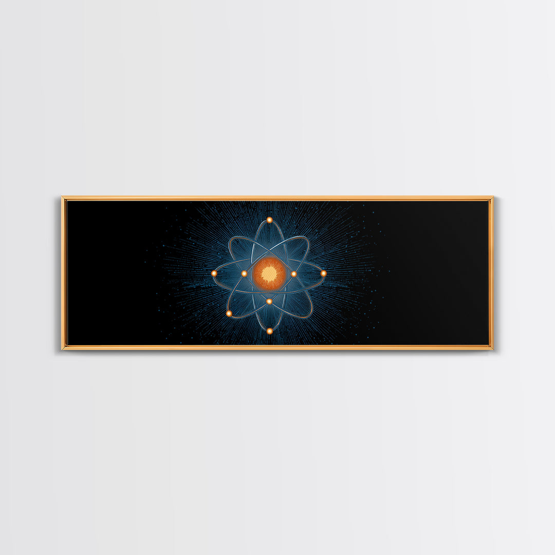 Blue Particle Atom With Orange Core Wall Art, Retro Science Poster, Midcentury Modern Decor, Space Abstract Art, MCM Print