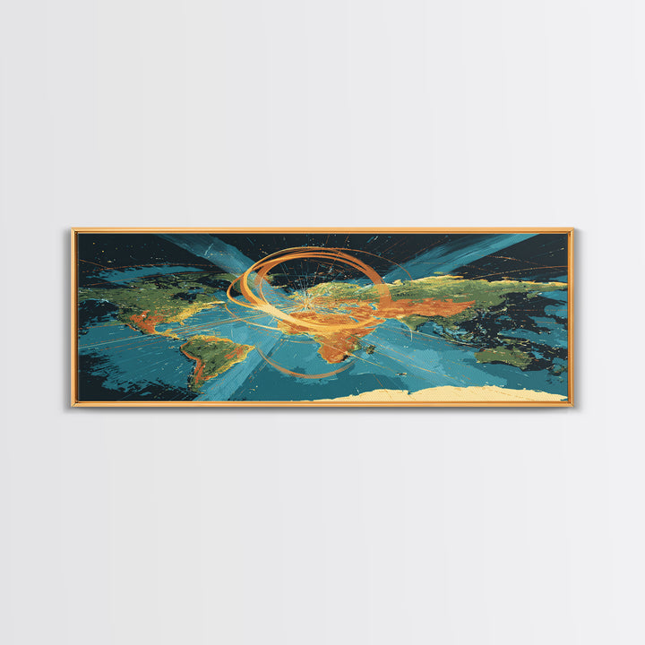 World Map With Orbital Energy Rings Framed Canvas Print, Retro Futurist Wall Art, Modern Abstract Art, Office Decor, MCM
