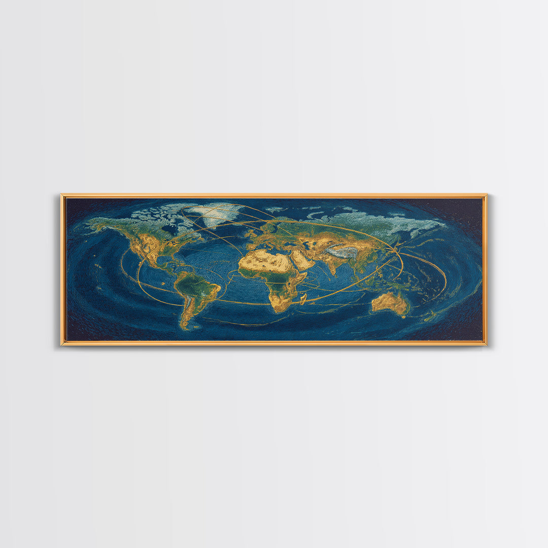 Golden World Map With Orbital Routes Wall Art, Panoramic Modern Art Print, Travel Wall Decor, Office Decor, Blue Gold Poster
