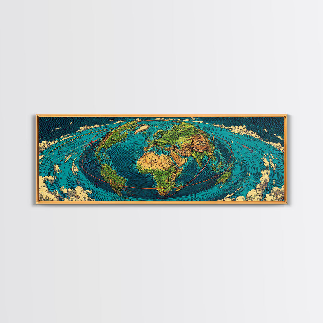 Turquoise Fisheye World Map Canvas Print, Panoramic Travel Wall Art, Modern Home Decor, Office Poster, Blue Green Artwork