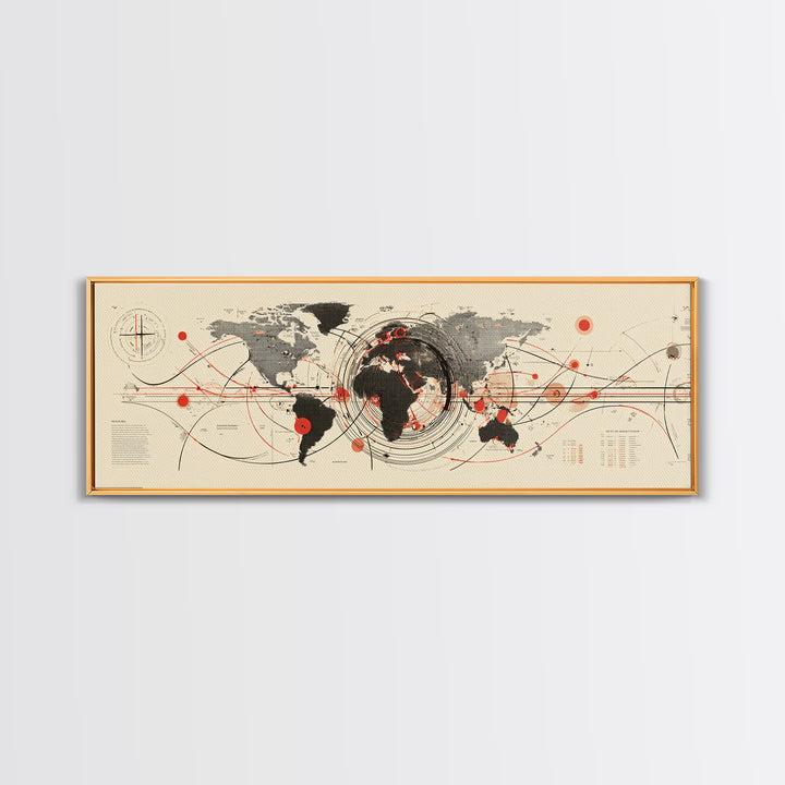 Abstract World Map With Red Orbit Lines Wall Art, Midcentury Modern Art Print, Office Decor, Home Decor, Geometric Travel Poster