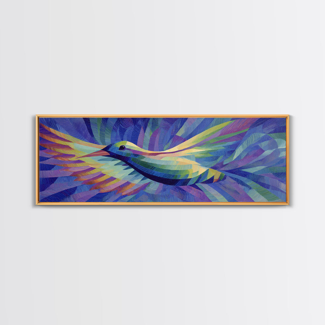 Blue Purple Hummingbird In Flight Canvas Print, Colorful Modern Wall Art, Midcentury Bird Poster, Vibrant Bedroom Decor Print