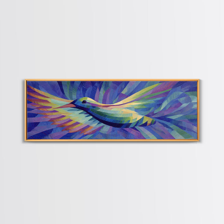 Blue Purple Hummingbird In Flight Canvas Print, Colorful Modern Wall Art, Midcentury Bird Poster, Vibrant Bedroom Decor Print