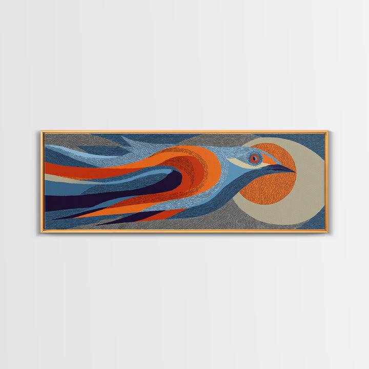 Orange Blue Streamline Bird Canvas Print, Retro Midcentury Wall Art, Geometric Wildlife Poster, Modern Home Decor For Living Room