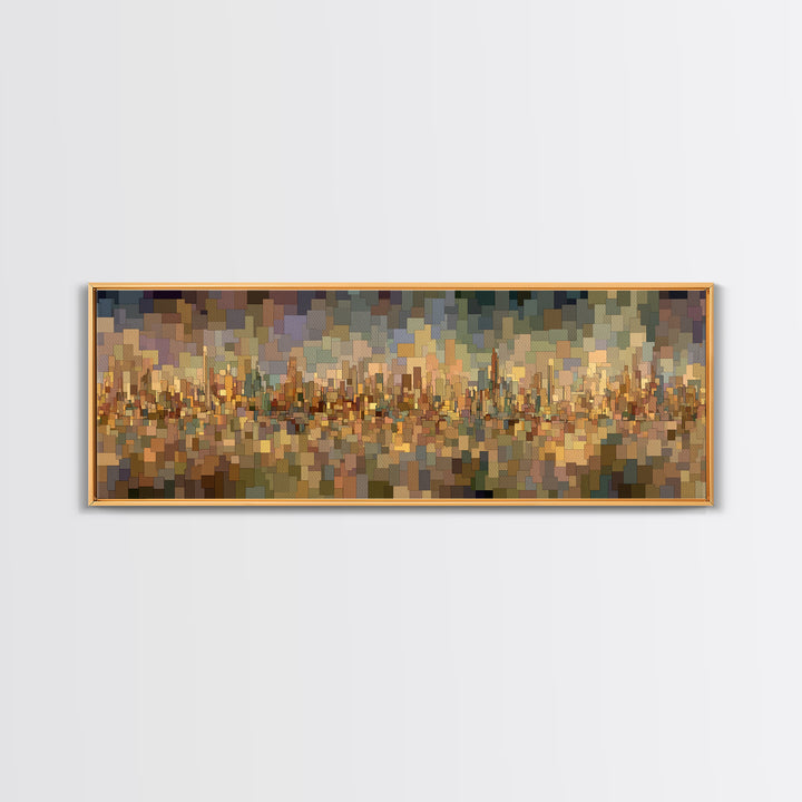 Golden Abstract City Reflection Wall Art, Modern Urban Panorama Print, Midcentury Modern Decor, Large Living Room Art Decor