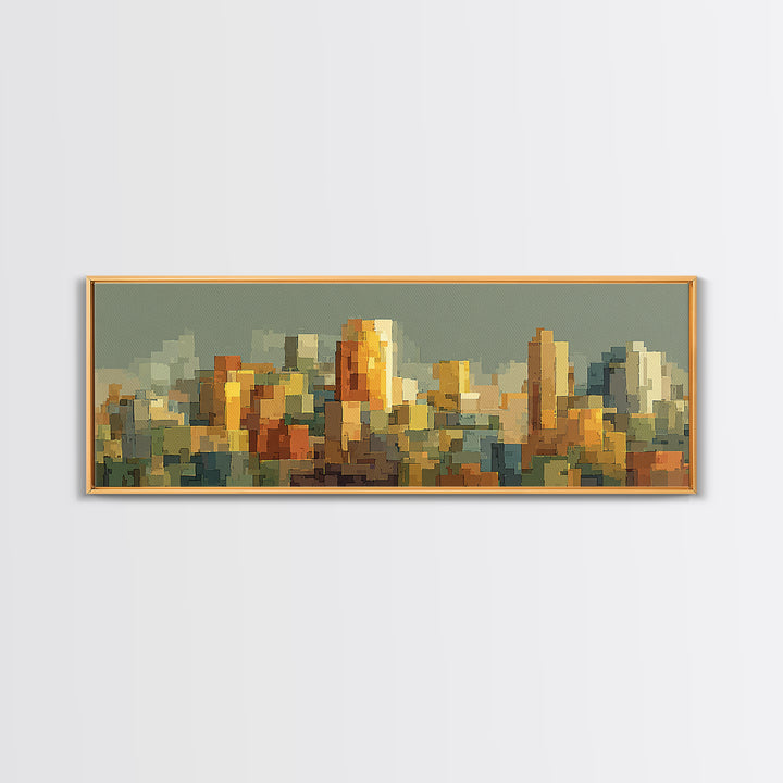 Sage Green Abstract City Skyline Framed Canvas Print, Midcentury Modern Wall Art, Urban Home Decor, Office Art Print Gift