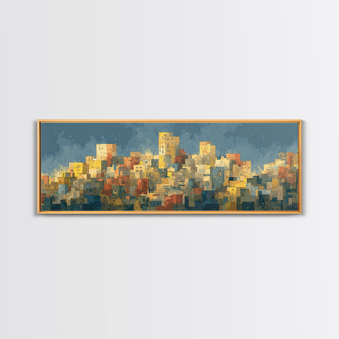 Sunlit Abstract City Skyline Wall Art, Blue And Yellow Urban Print, Midcentury Modern Decor, Living Room Office Art Decor