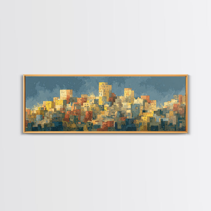 Sunlit Abstract City Skyline Wall Art, Blue And Yellow Urban Print, Midcentury Modern Decor, Living Room Office Art Decor