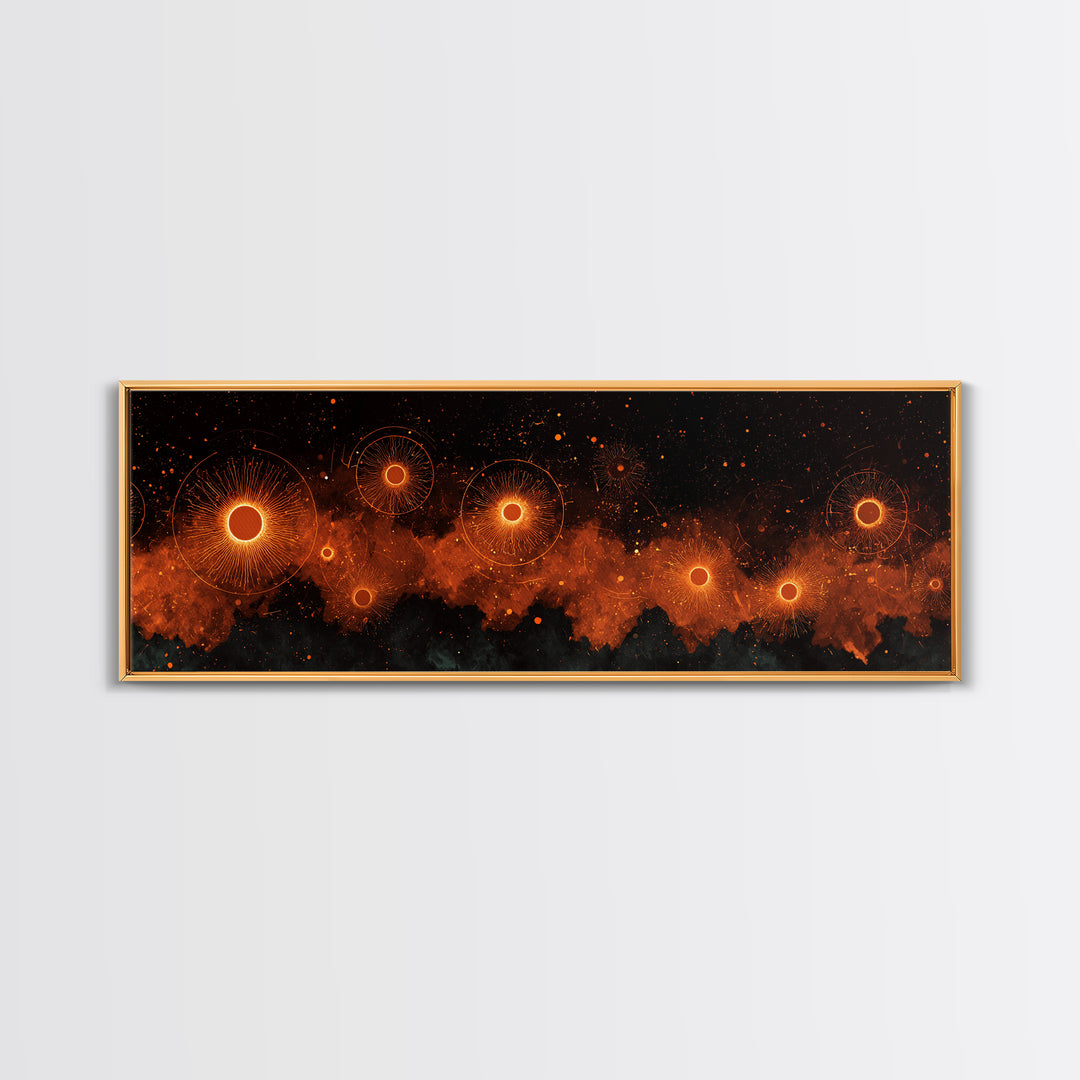 Glowing Orange Cosmic Suns Canvas Print, Space Abstract Wall Art, Modern Retro Poster, Moody Bedroom Office Decor Artwork
