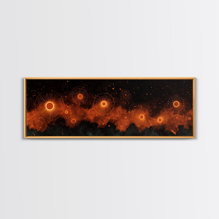 Glowing Orange Cosmic Suns Canvas Print, Space Abstract Wall Art, Modern Retro Poster, Moody Bedroom Office Decor Artwork