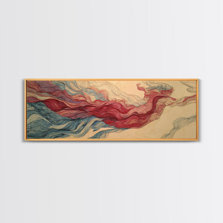 Red Blue Topographic Abstract Landscape Wall Art, Modern Canvas Print, Geometric Line Poster, Contemporary Office Decor Artwork