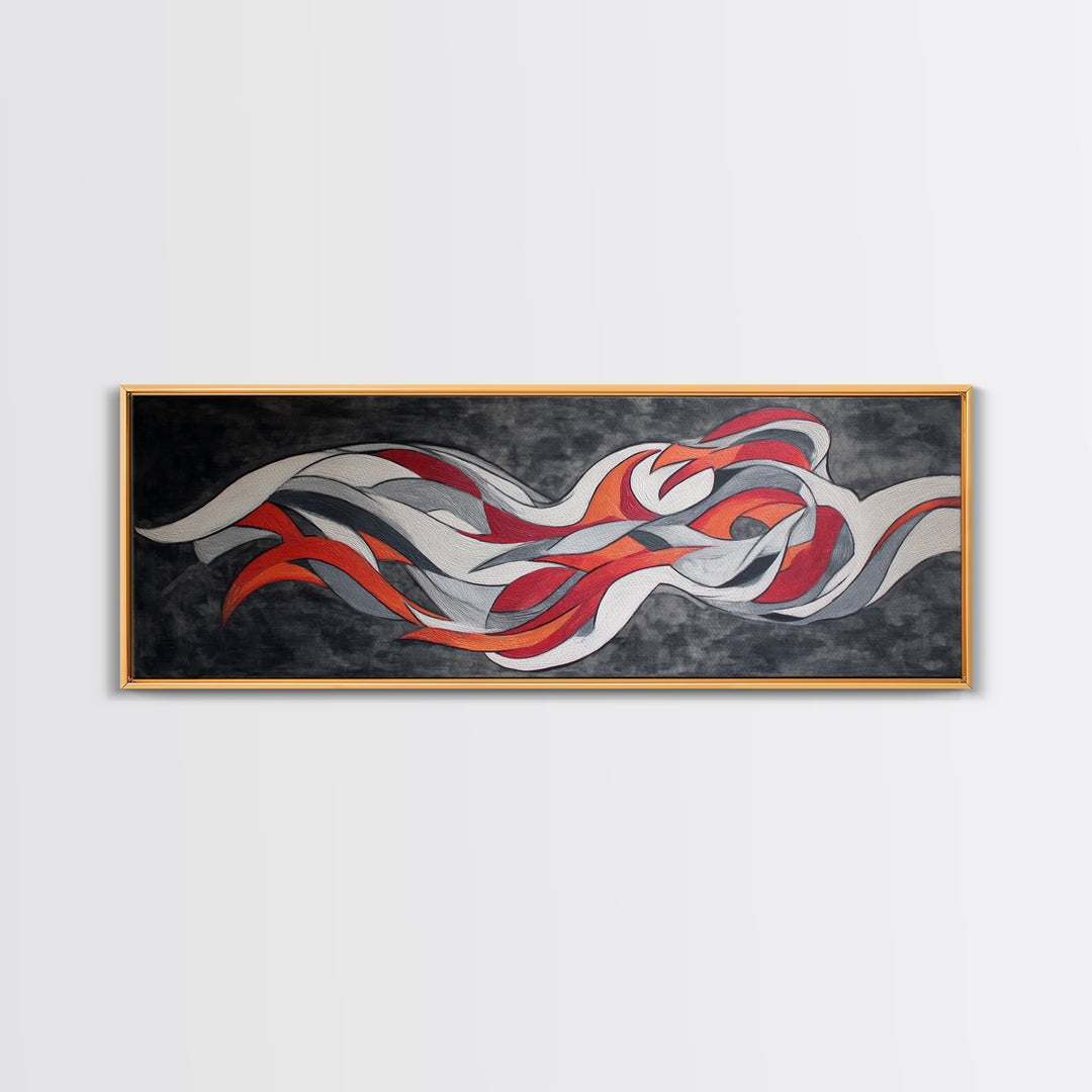 Flowing Red White Silver Ribbons Wall Art, Abstract Midcentury Modern Canvas Print, Retro Mcm Decor, Large Horizontal Art