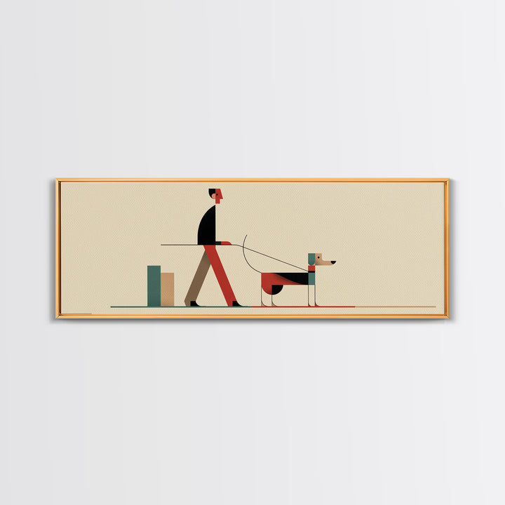 Minimal Man Walking Dog Framed Canvas Print, Mid Century Modern Art, Scandinavian Modern Wall Decor, Geometric Home Decor